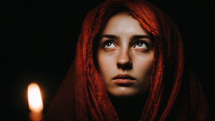 Uno sguardo contemplativo illuminato dalla luce di una candela, che cattura l'essenza dell'introspezione e della profondità in un momento avvolto in un ricco scialle rosso, evocando emozioni e mistero