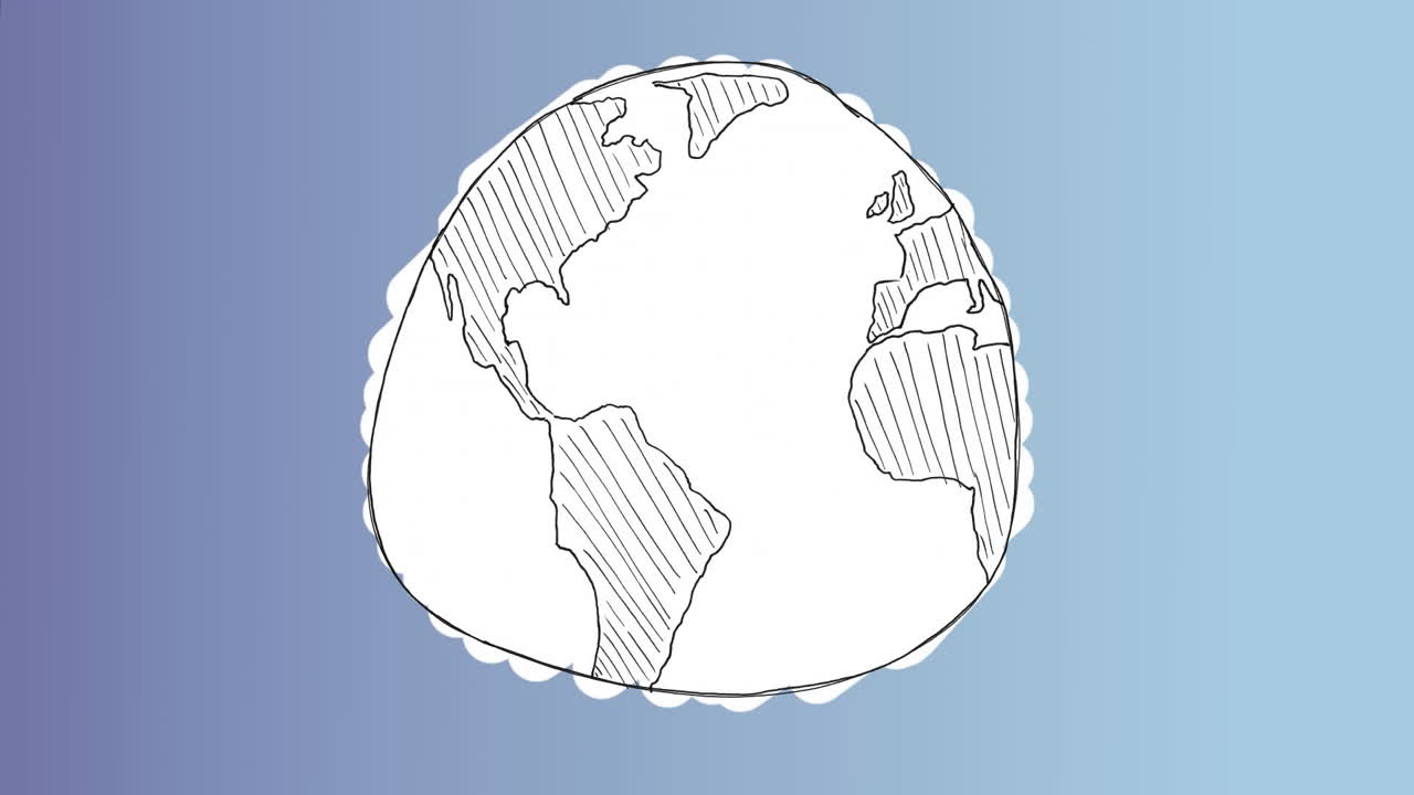 Hand-drawn globe with shaded continents animation on blue gradient background