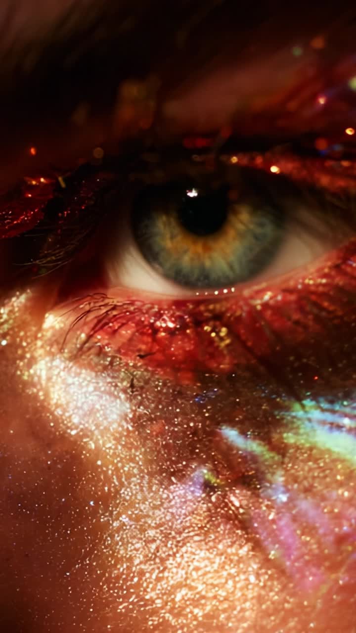 Captivating Close-Up of an Eye Enhanced with Glitter and Colorful Reflections Showcasing Intricate Details and Textures in a Stunning Artistic Representation