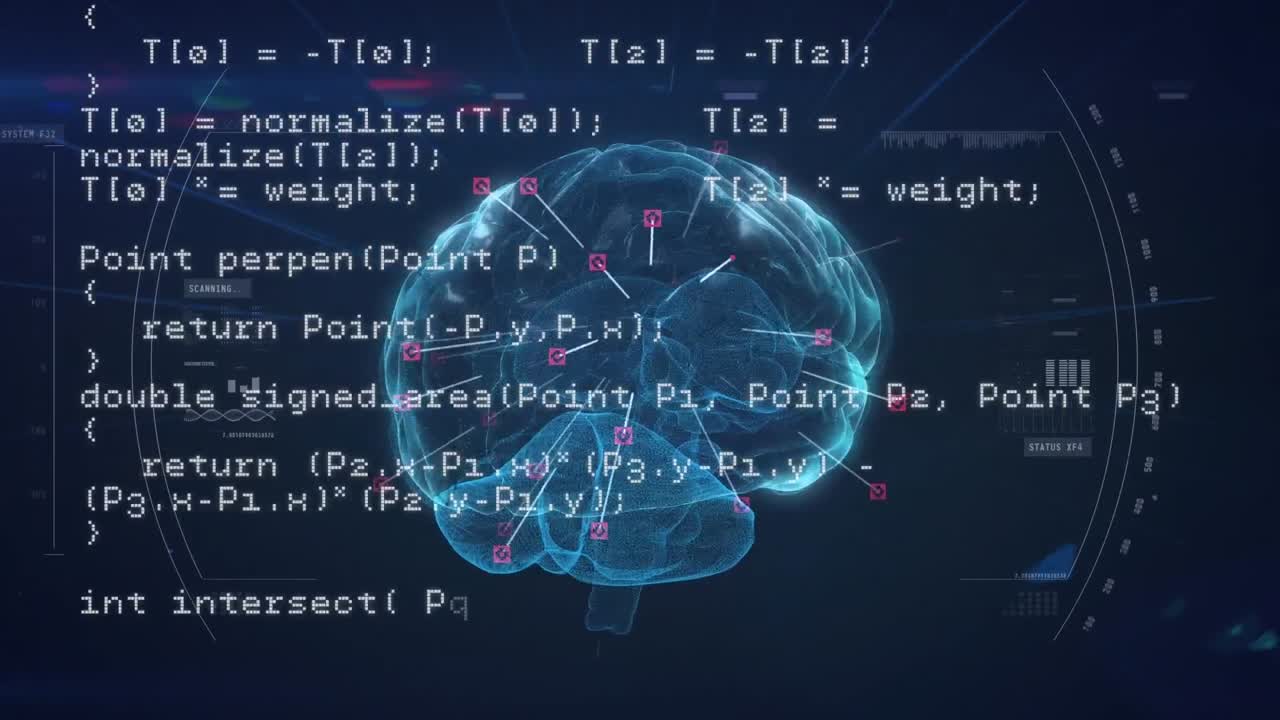 Animation of scope scanning over spinning human brain icon and data processing on blue background