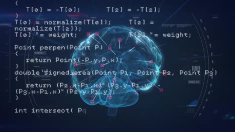 Animación-Del-Escaneo-Del-Alcance-Sobre-El-Icono-Giratorio-Del-Cerebro-Humano-Y-El-Procesamiento-De-Datos-Sobre-Fondo-Azul