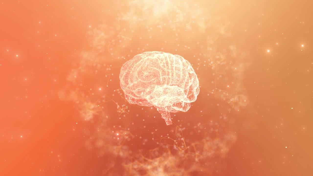 Sfondo scientifico neurale dorato del cervello con anatomia di particelle luminose e spazio arancione caldo.