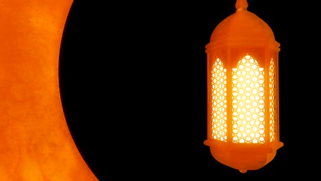 glowing celebration lantern hanging in moon on dark background. ramadan kareem islamic motion background. 3d loopable animation.