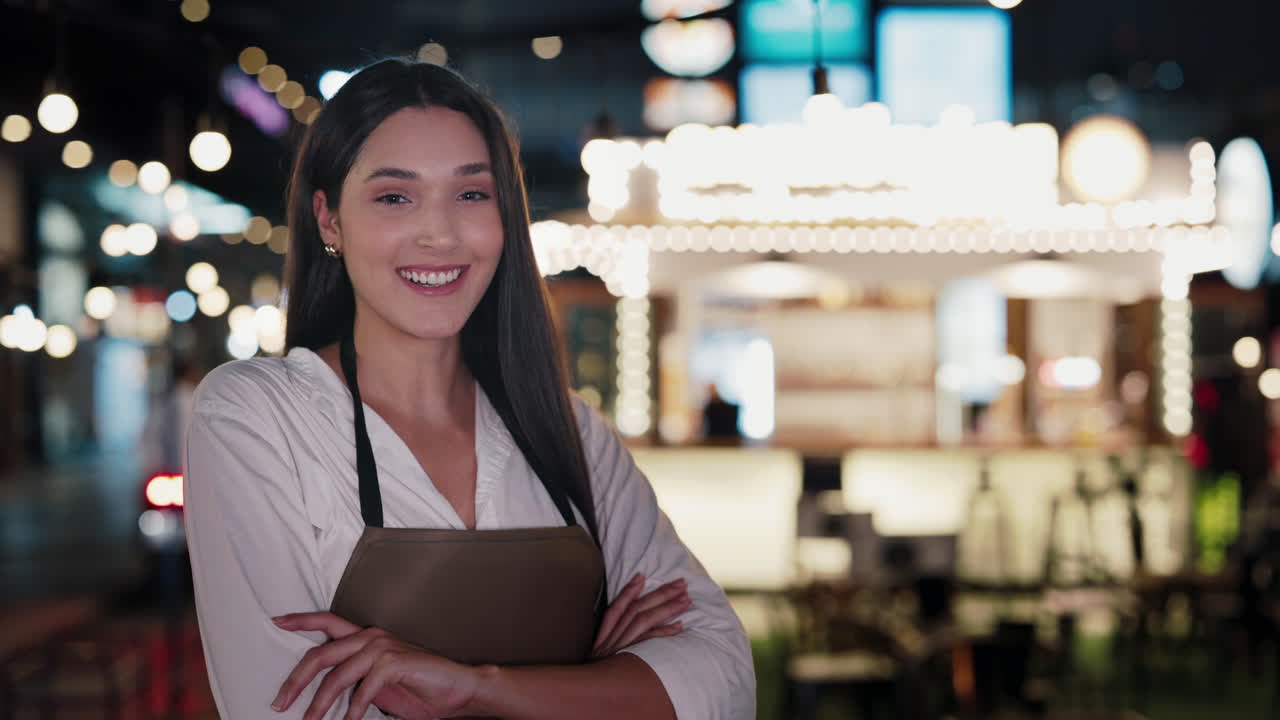 Woman Staff at Night Food Truck