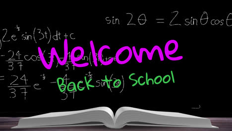 animation of back to school text over book and mathematical equations