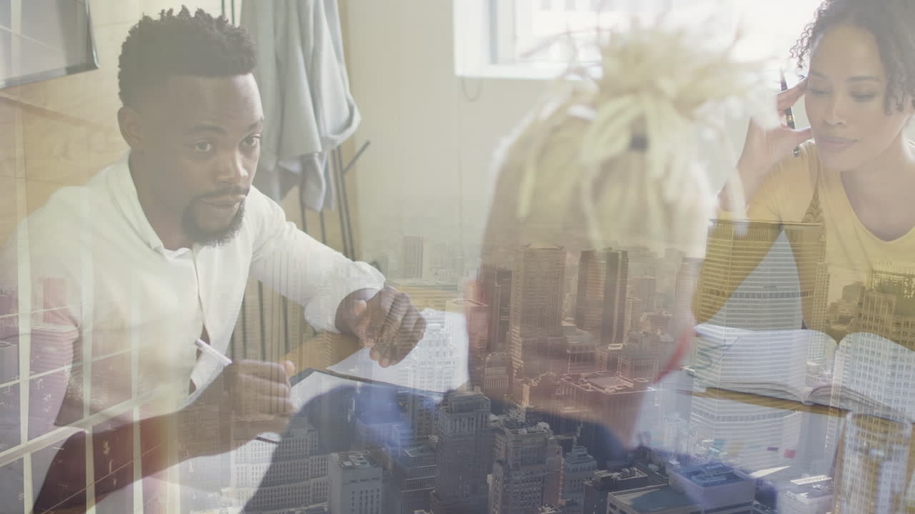 Animation of diverse business people over cityscape