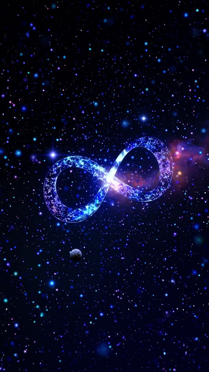 Bright infinity symbol made of cosmic energy floating in deep space with stars and planets, representing infinite possibilities and eternal concepts
