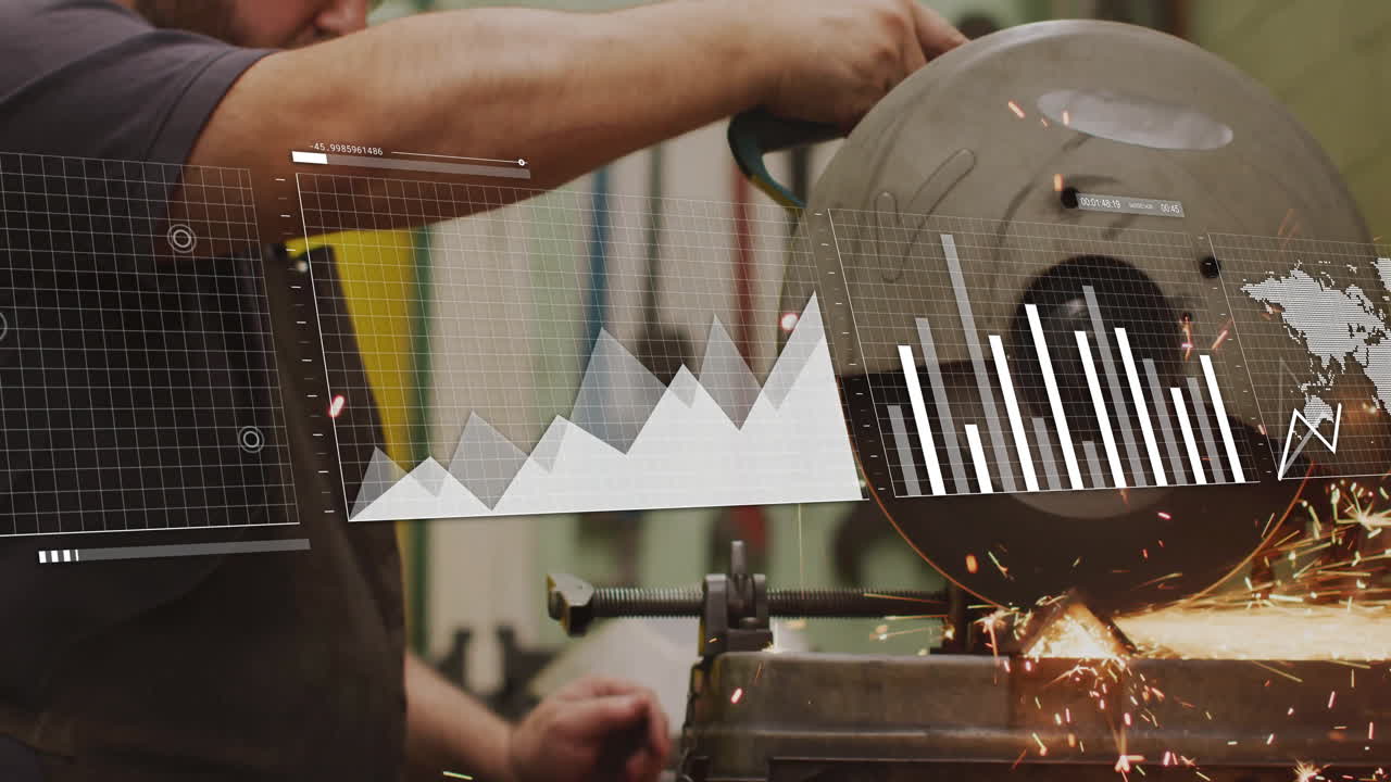 Metalworker operating circular saw in workshop, displaying analytics overlays with flying sparks
