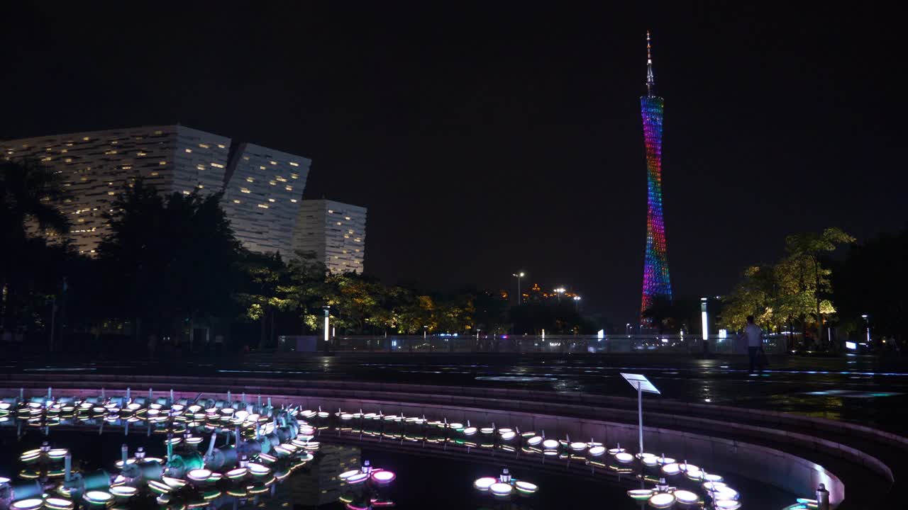 noche iluminada ciudad de guangzhou centro fuente plaza torre y biblioteca panorama 4k china