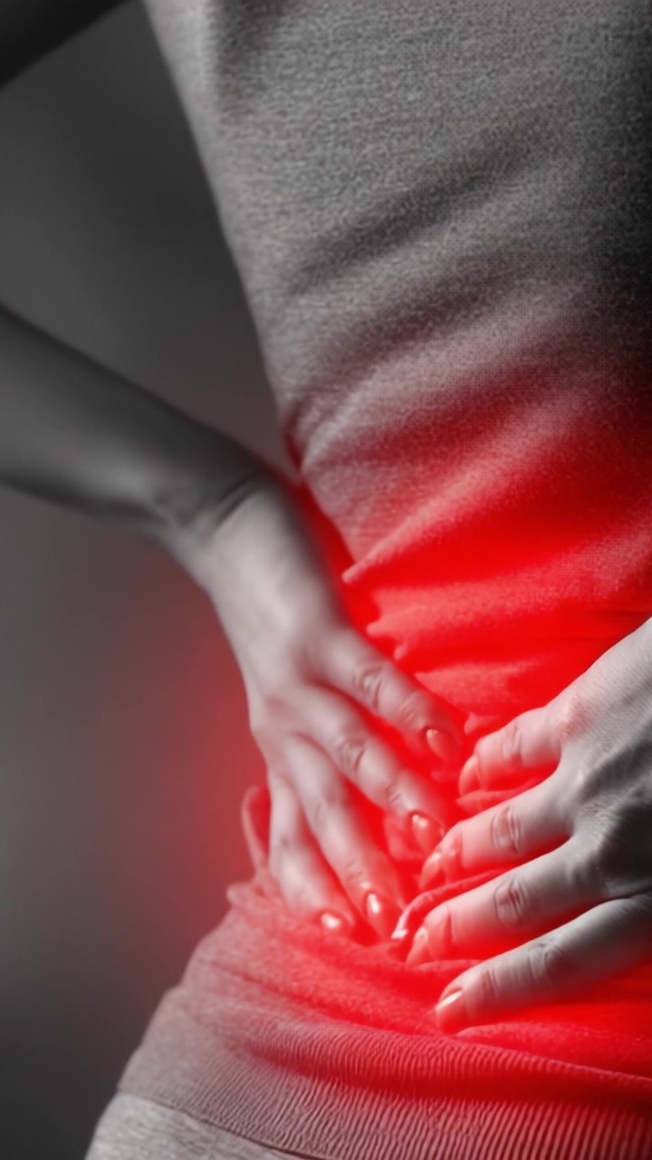A Close-up View of a Person Experiencing Severe Back Pain, Highlighting the Discomfort and Strain on the Lower Back Area with a Red Glow Emphasizing the Pain Spot.