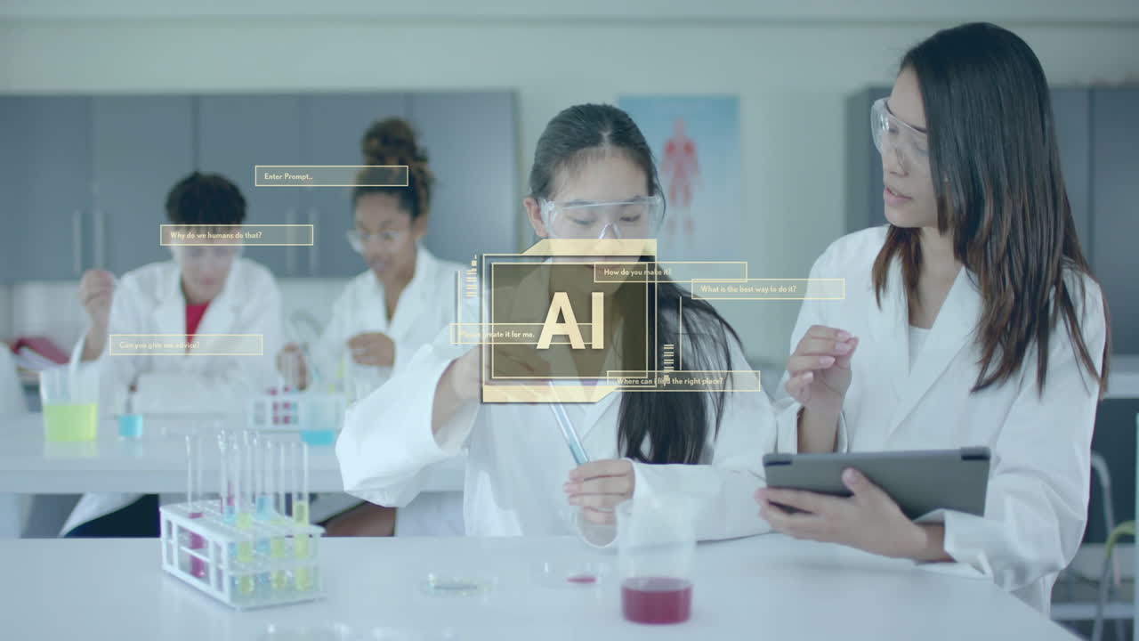 실험실에서 다양한 학생들에 대한 텍스트 및 데이터 처리의 애니메이션