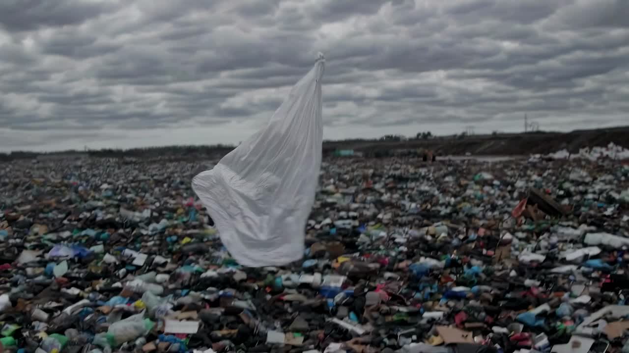 A cinematic video shot captures a plastic bag floating against a dramatic cloudy sky, viewed