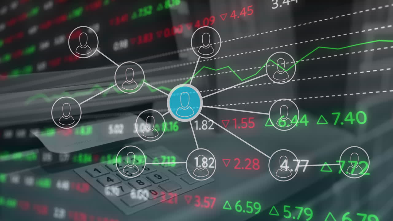 연결된 아이콘과 트레이딩 보드의 애니메이션은 장비 기계의 숫자 패드의 클로즈업입니다.