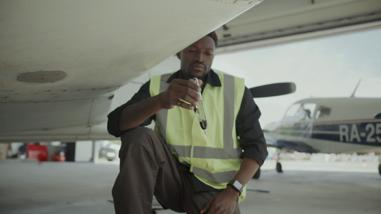 Ground Technician Collecting Fuel Sample for Quality Inspection in Hangar