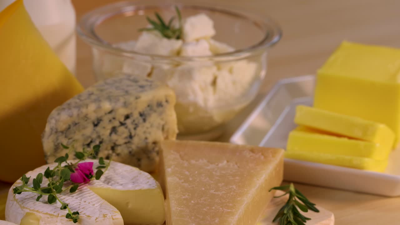 различные молочные продукты, расположенные на столе