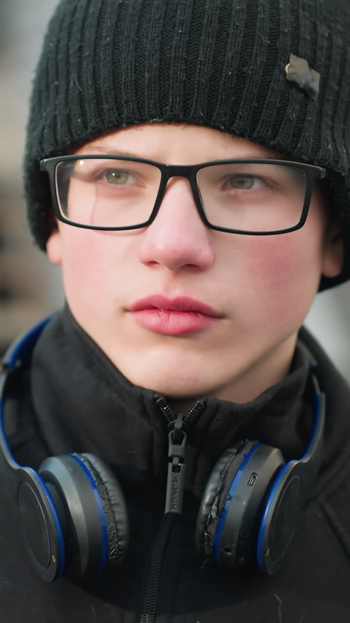 Close-up of a young boy wearing a black outfit and beanie, looking focused and contemplative, showing his glasses and a pair of headphones resting around his neck