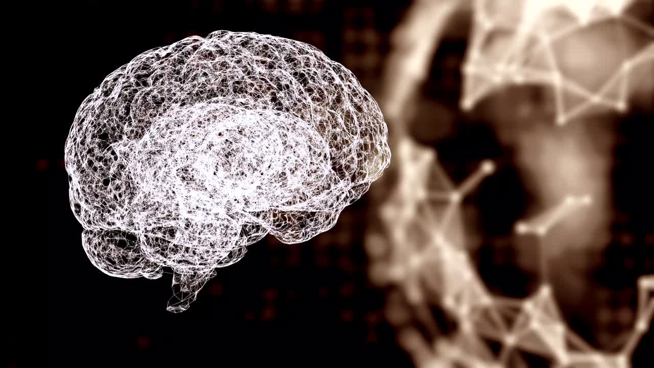 글로벌 네트워킹 개념: 디지털 인간 뇌와 행성의 표면에 다중 연결이 있으며, 어두운 디지털 텍스처 배경에 떠 있습니다.