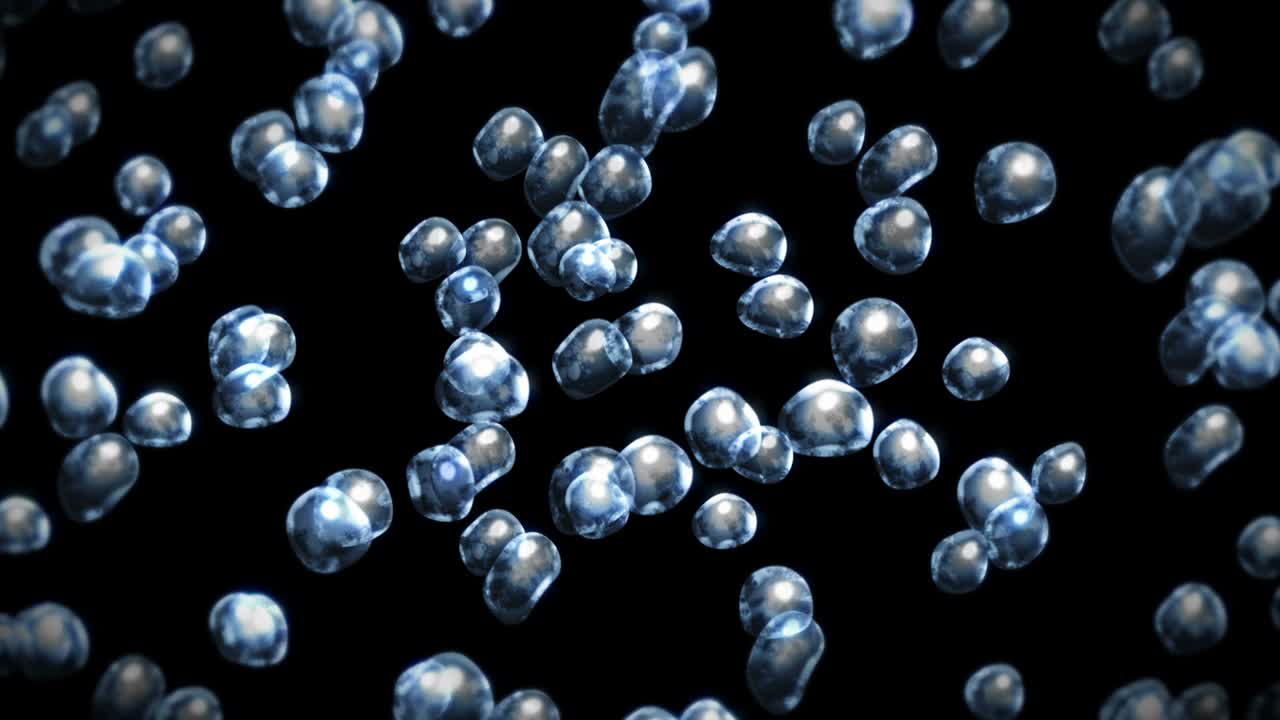 검은 바탕에 많은 물방울이 날아가고, 순수한 물방울, 투명한 표면, 공기 거품이 회전하는 3d 애니메이션, 루프 애니메이션.