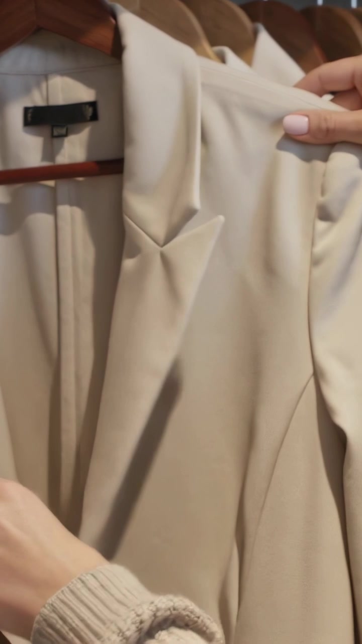 Video verticale: Donna che si protende da destra, spostando grucce neutre nell'armadio e controllando l'etichetta di una giacca.