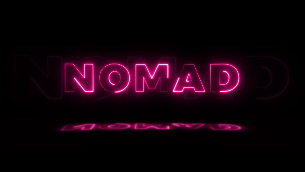 la palabra "nómada" brilla en neón sobre un fondo negro con reflejos en el suelo. letreros de brillo de neón en gráfico de movimiento de bucle sin costuras