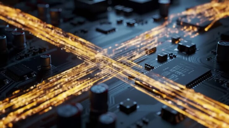 A Dynamic Display of Data Flow and Circuitry: Unveiling the Complexity of Electronic Connections with a Visual Focus on the Intersection of Signals