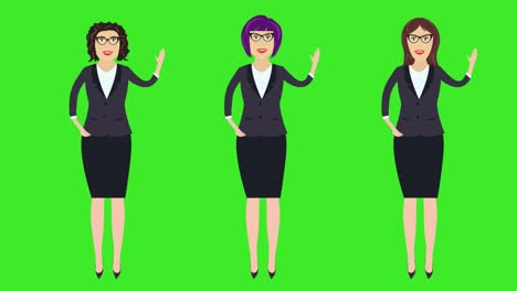 set of 3 business women, hello welcoming gesturing by hand, cartoon animation, green screen chroma key