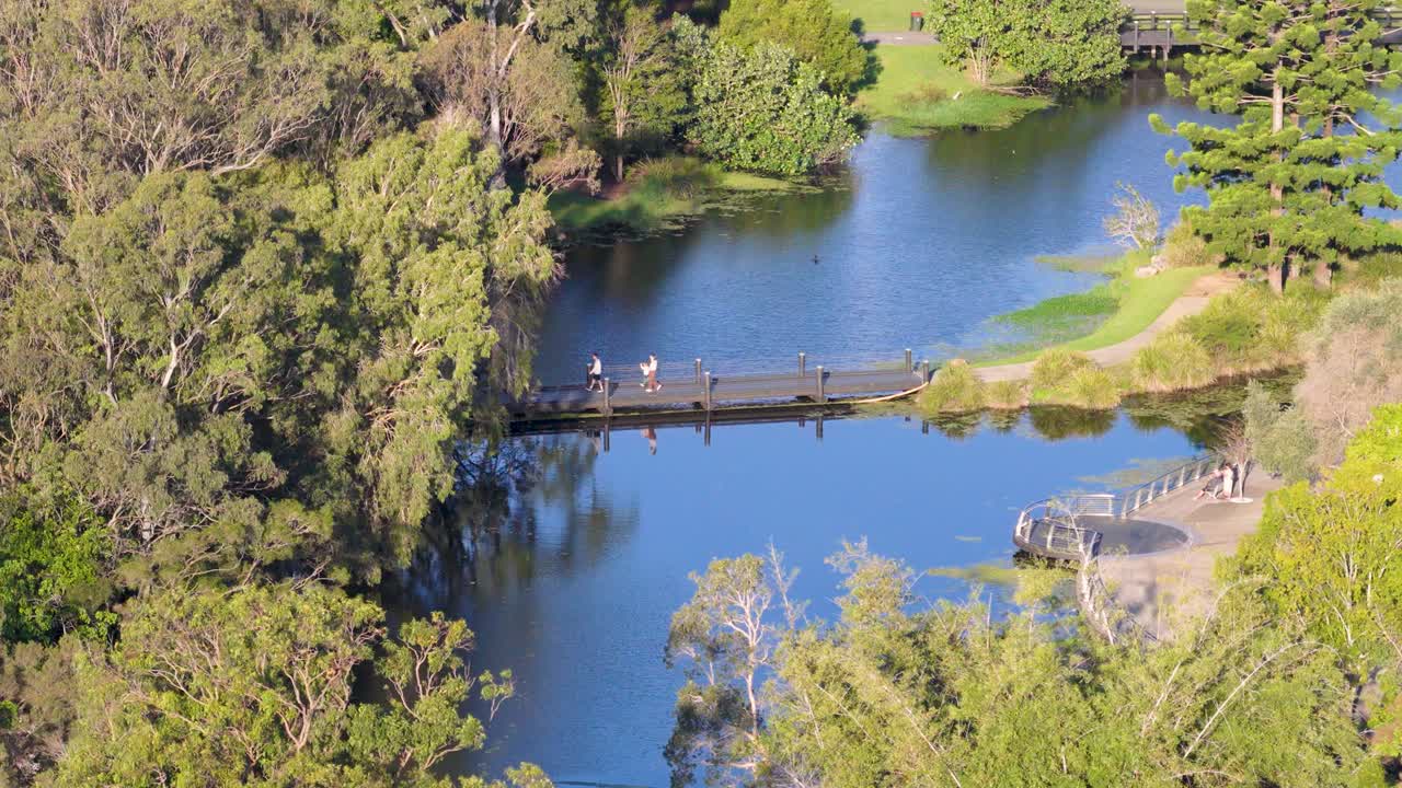 A family walks across a bridge in Gold Coast's lush botanical gardens, surrounded by vibrant greenery and calm waters