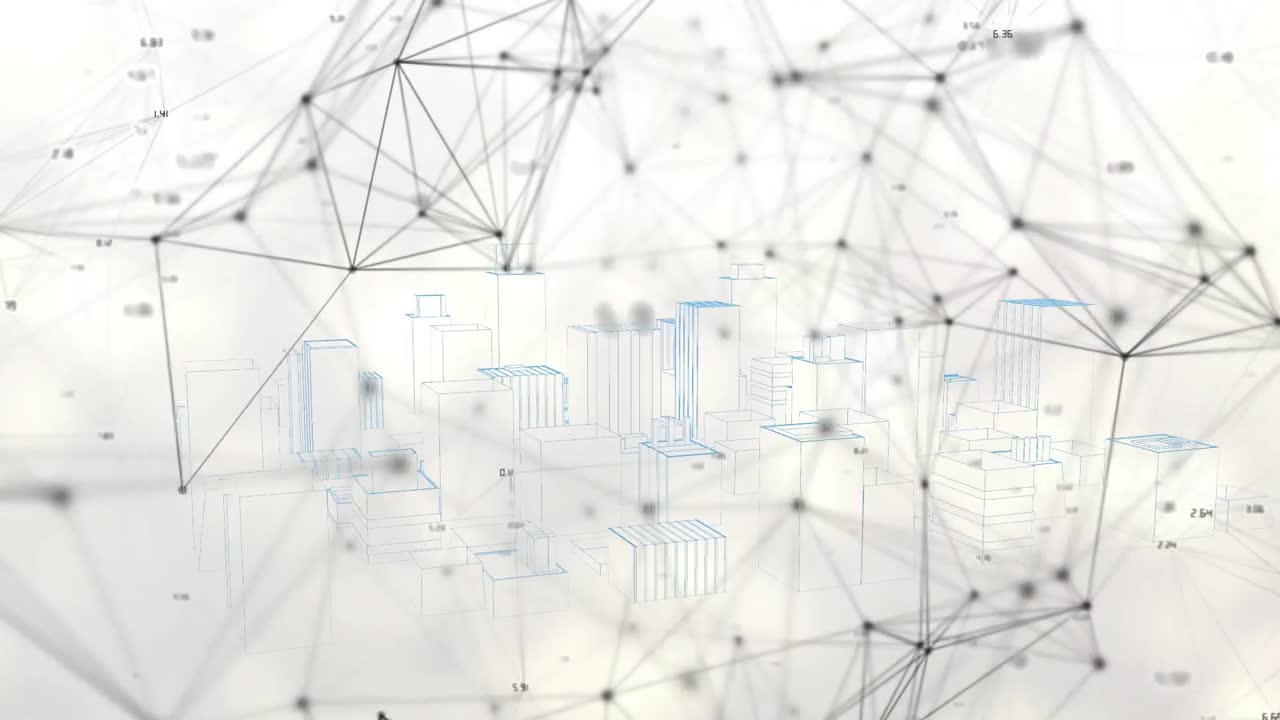 Animation of network of connections over 3d cityscape drawing