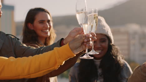 happy group of friends celebrating on rooftop making toast drinking champagne having fun together enjoying celebrating summer vacation at sunset