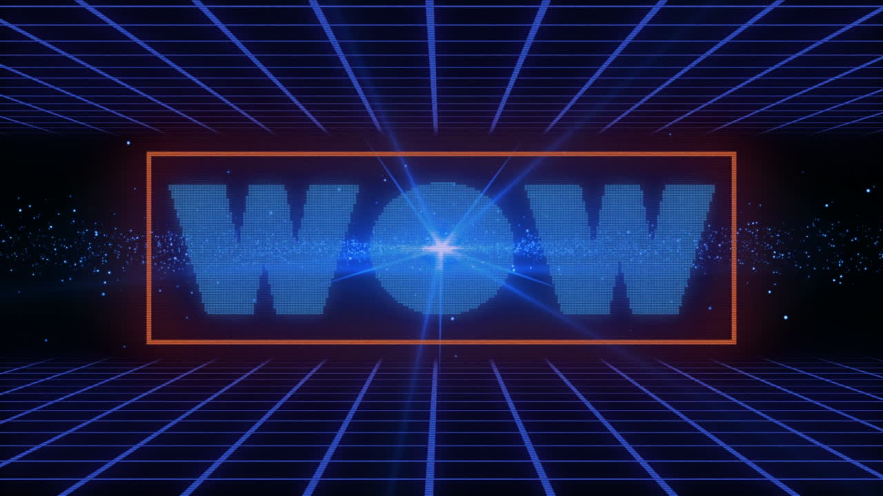 검은 바탕에 빛의 흔적과 반점 위에 와우 텍스트의 애니메이션