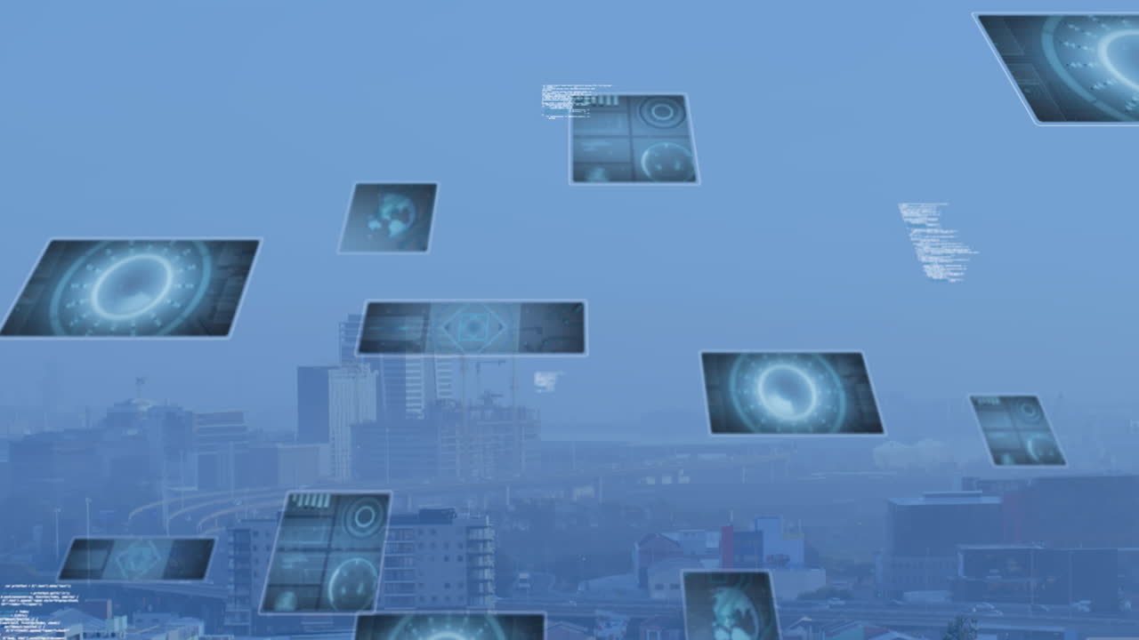 도시 풍경 위의 스캔 및 데이터 처리의 애니메이션