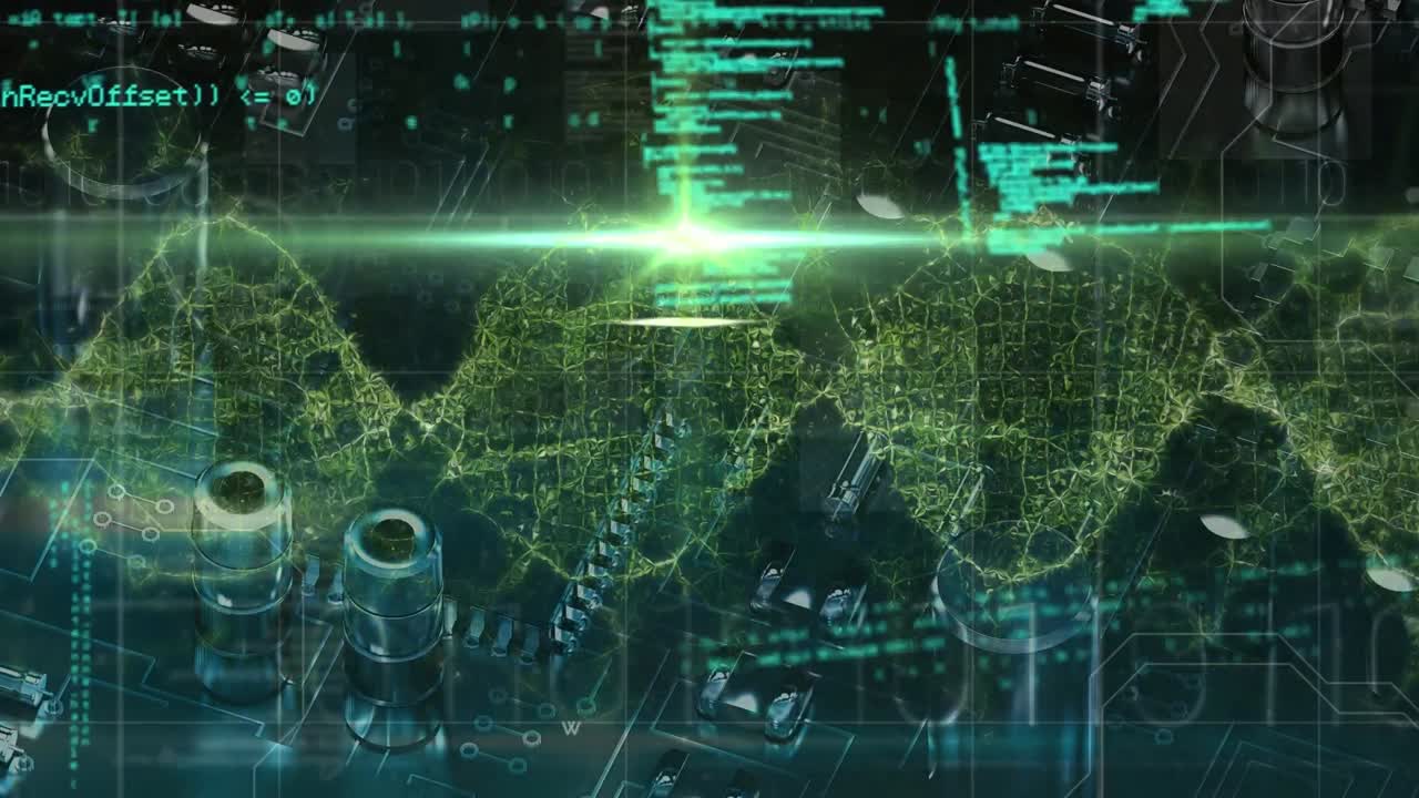 animação de processamento de dados com placa de circuito de computador e cadeia de adn