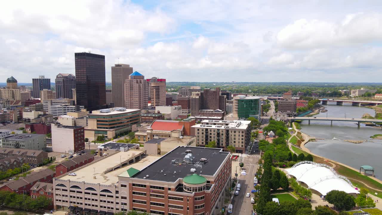 Downtown Dayton Ohio in aerial view, USA above Monument Ave with Miami River in background