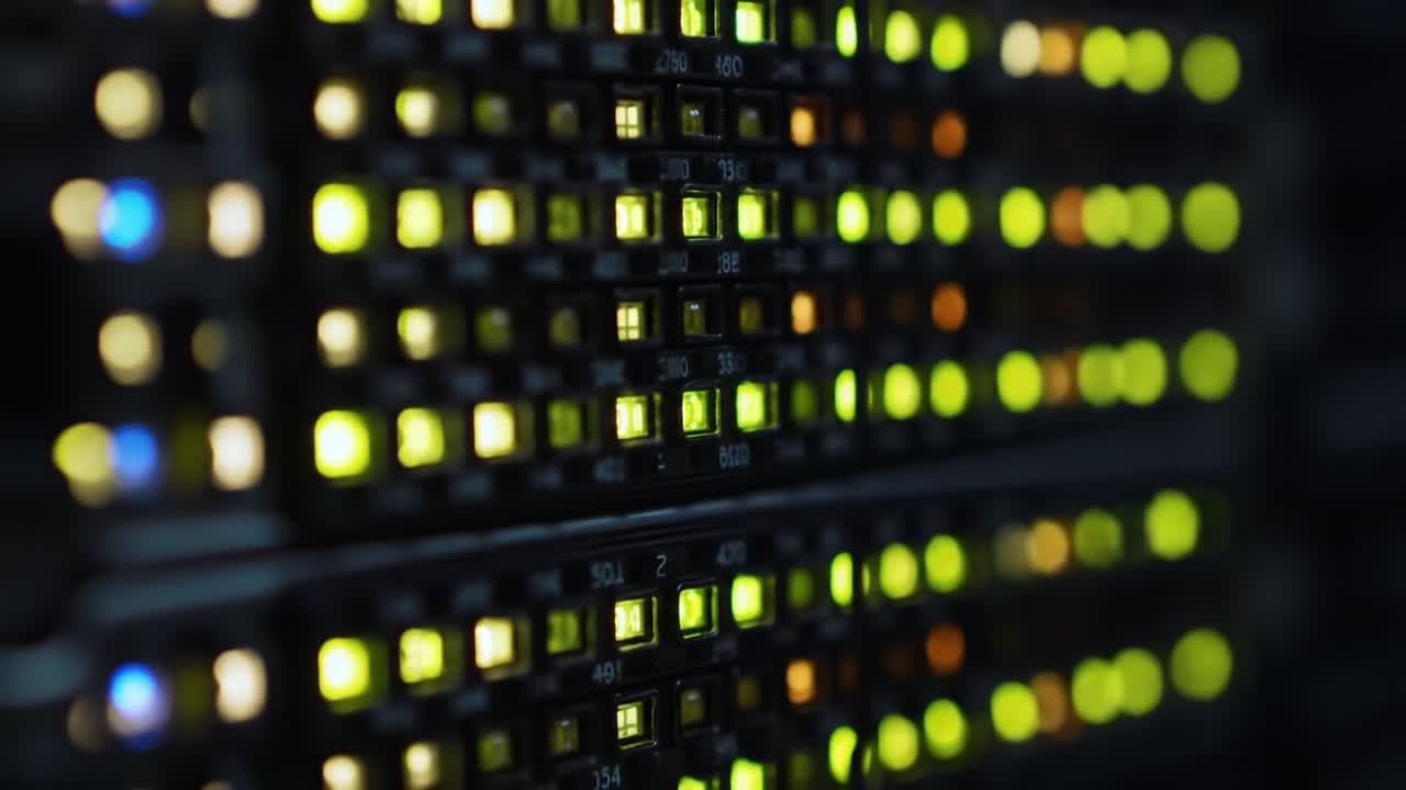 Bright green and yellow lights flash on server racks in a bustling data center. Technicians monitor equipment, ensuring smooth operation during peak working hours.