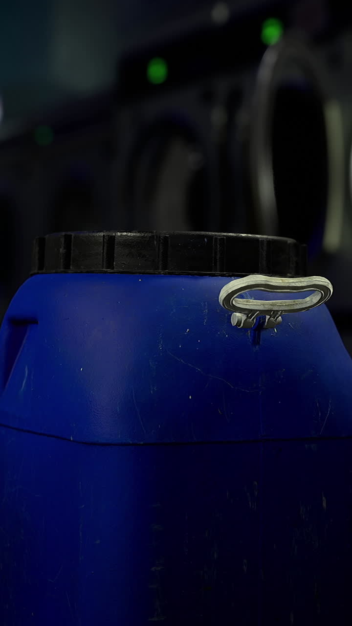 Washing machine area features a blue container near the laundry machines