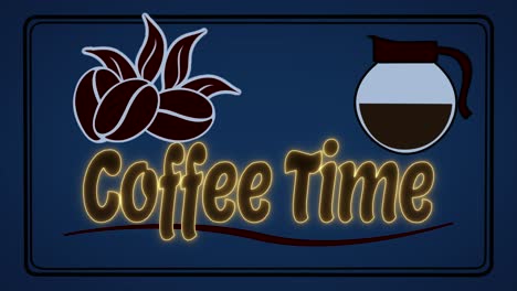 vibrant and classic animated motion graphic of a coffee pot pouring to reveal the words coffee time, with stylish coffee beans and leaves motif and a dark blue background