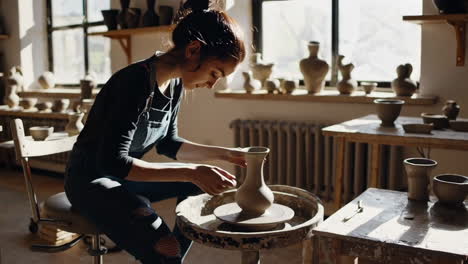 woman shaping a vase on a pottery wheel