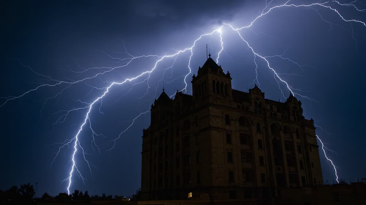 Majestic Lightning Strikes Illuminate an Old Building Against a Dark Stormy Sky, Creating a Dramatic and Eerie Atmosphere of Nature's Power and Beauty