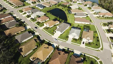 aerial de un vecindario suburbano soleado en un clima tropical sobre palmeras y casas individuales