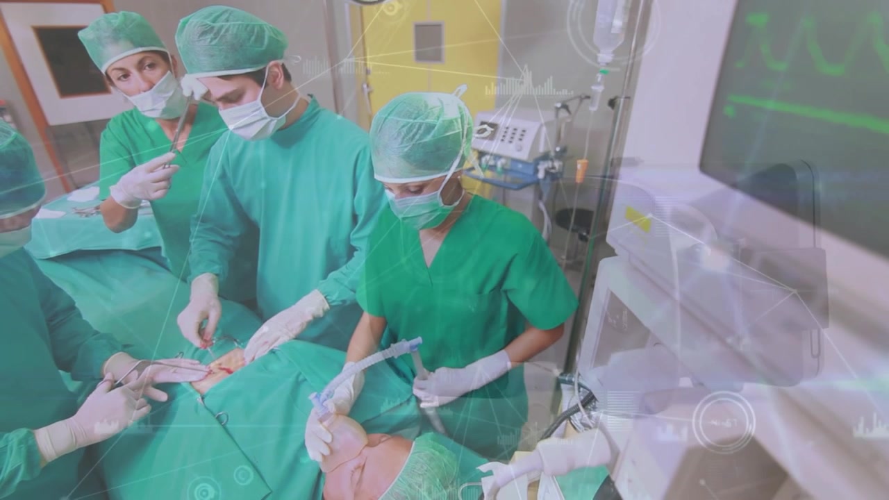 Animasi koneksi di atas dokter bedah wanita dan pria Kaukasia selama operasi