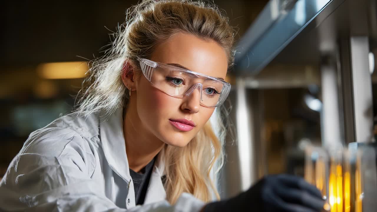 A dedicated young scientist in a laboratory wears protective eyewear while focusing intently on her research, demonstrating professionalism and precision in her work with various test tubes and experiments