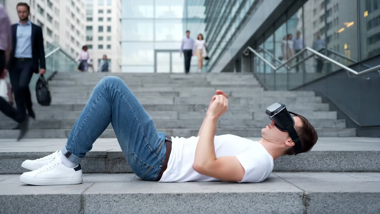 Man Immersed in Virtual Reality While Lying on City Stairs
