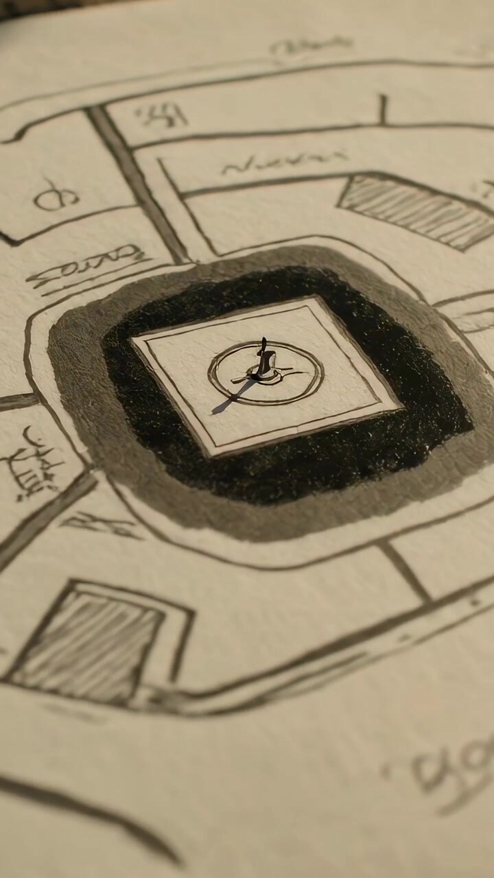 Vertical video: Tilting camera over paper plan on desk, highlighting central pin and metallic paint