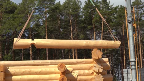 move large log with crane. assembling a wooden log house at a construction site near the forest