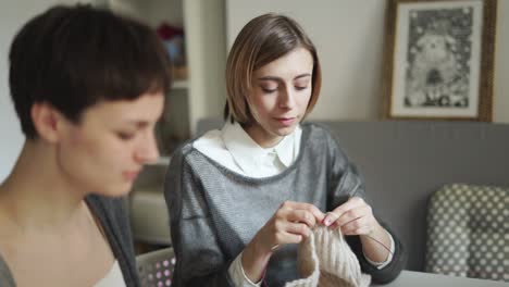 two young woman knitting wool yarn together in textile workshop. knitting group