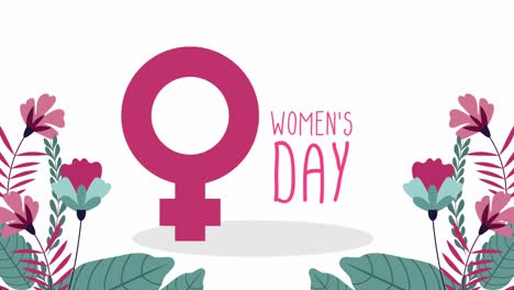 feliz día de la mujer tarjeta de letras con símbolo de género femenino y jardín de flores