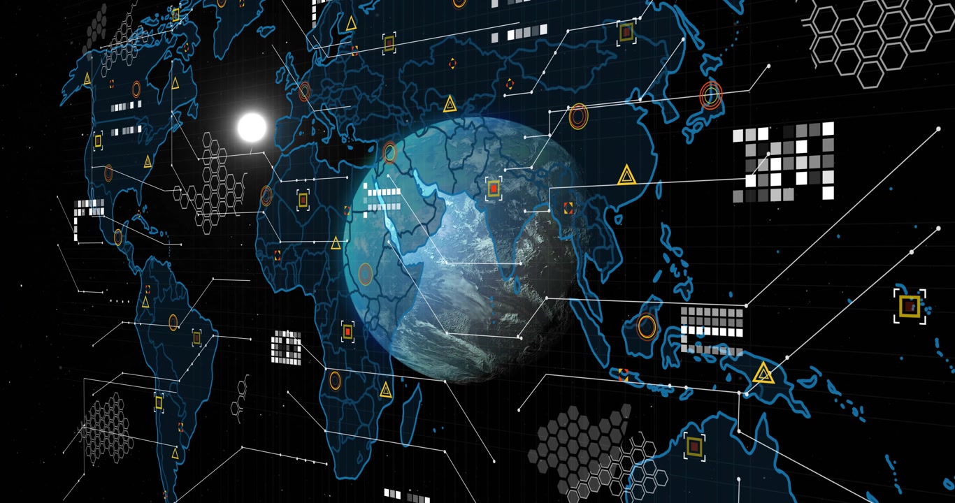 Animation of data processing over globe and world map