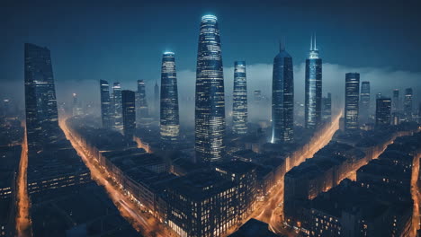 nighttime city skyline with modern skyscrapers and lit streets