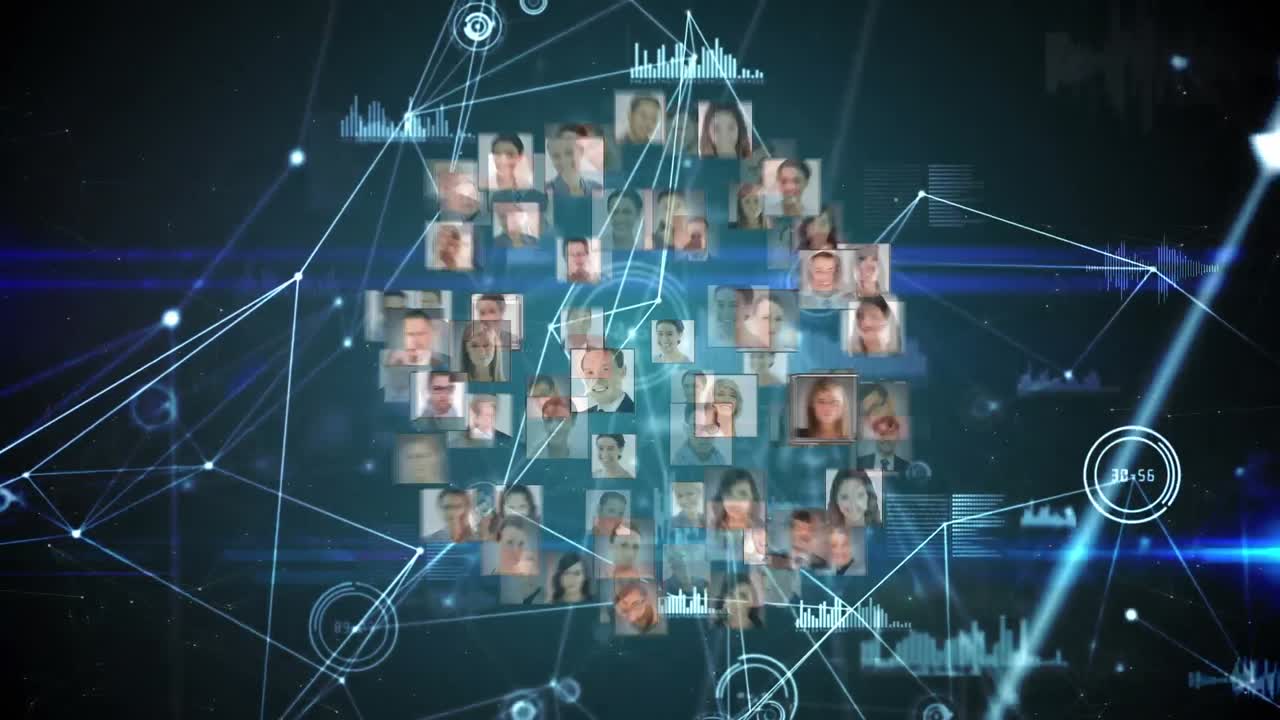Animation of globe of network of connections with people's photos