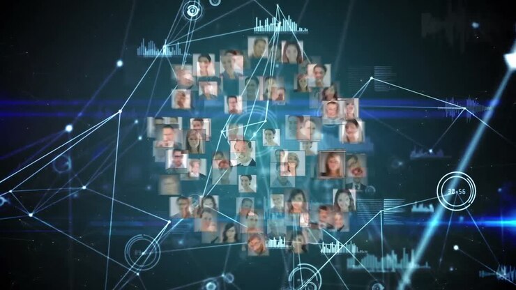 Animation of globe of network of connections with people's photos